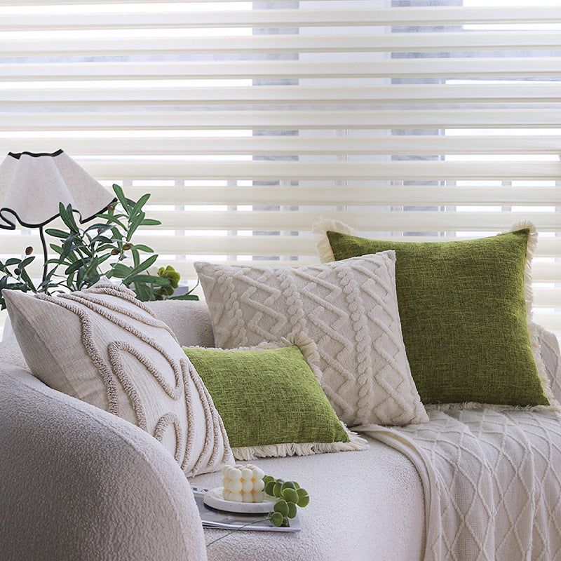 HKM-841683 Linen Green Lumbar Support Pillow Cover, Solid Beige & White Options Available, 30x50cm & 45x45cm Sizes