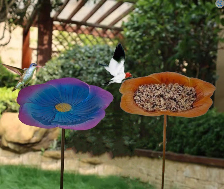 HKM-841811 Metal Flower Bird Feeder with Sheep Hook - Purple Blue and Golden Brown Options