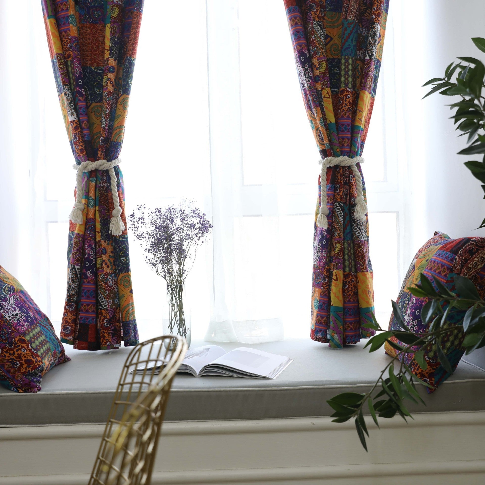 KTX-842259 Bohemian Retro Geometric Cotton Linen Curtains for Oriel and Floor-to-Ceiling Windows