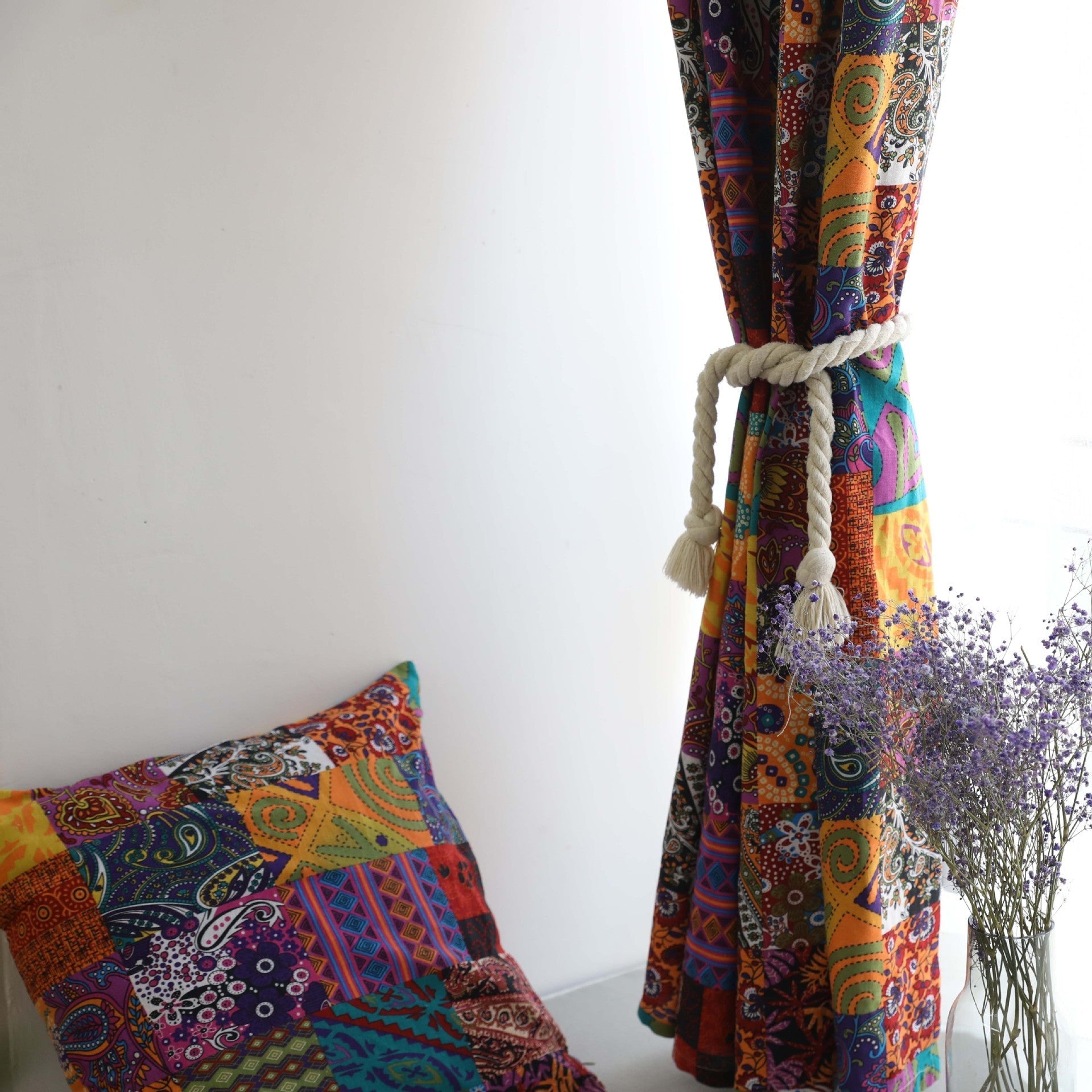 KTX-842259 Bohemian Retro Geometric Cotton Linen Curtains for Oriel and Floor-to-Ceiling Windows