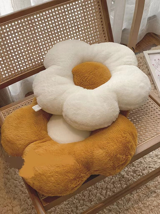 HKM-842707 Fluffy Flower Design Plush Seat Cushion for Sofas, Chairs, and Floors - 48cm Diameter, White and Turmeric