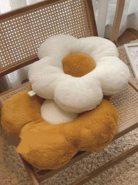 HKM-842707 Fluffy Flower Design Plush Seat Cushion for Sofas, Chairs, and Floors - 48cm Diameter, White and Turmeric