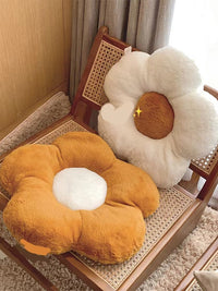 HKM-842707 Fluffy Flower Design Plush Seat Cushion for Sofas, Chairs, and Floors - 48cm Diameter, White and Turmeric