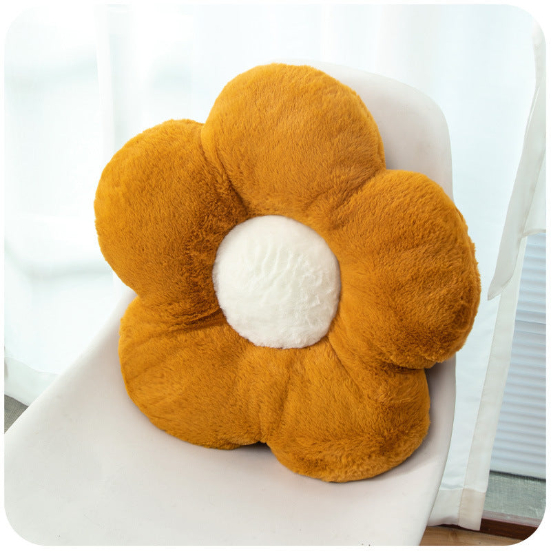 HKM-842707 Fluffy Flower Design Plush Seat Cushion for Sofas, Chairs, and Floors - 48cm Diameter, White and Turmeric