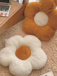 HKM-842707 Fluffy Flower Design Plush Seat Cushion for Sofas, Chairs, and Floors - 48cm Diameter, White and Turmeric
