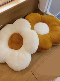 HKM-842707 Fluffy Flower Design Plush Seat Cushion for Sofas, Chairs, and Floors - 48cm Diameter, White and Turmeric