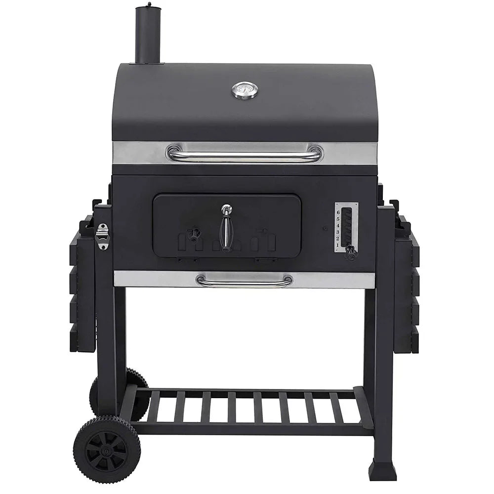 KTX-843219 Cast Iron Grill Smoker with Chimney and Lid, Square Trolley Charcoal Barbecue 152x73x137cm