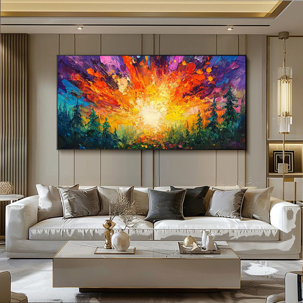 KTX-843795 Hand-Painted Oil Painting of Sun Rising in Deep Forest on Canvas - Modern Landscape Art for Home Decoration