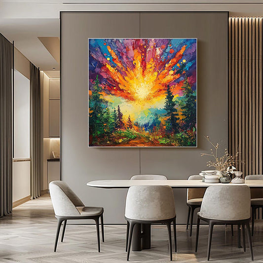 KTX-843795 Hand-Painted Oil Painting of Sun Rising in Deep Forest on Canvas - Modern Landscape Art for Home Decoration