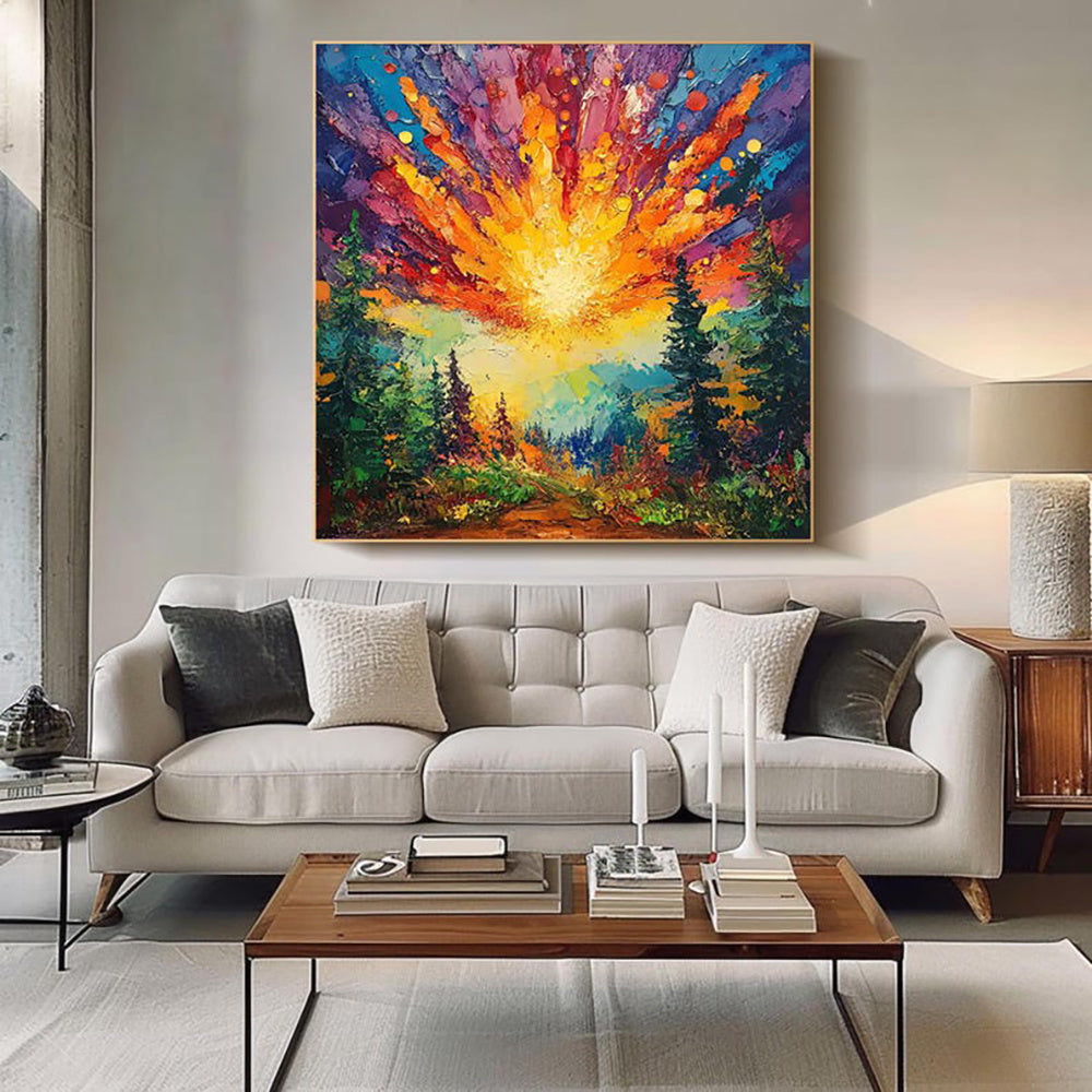 KTX-843795 Hand-Painted Oil Painting of Sun Rising in Deep Forest on Canvas - Modern Landscape Art for Home Decoration