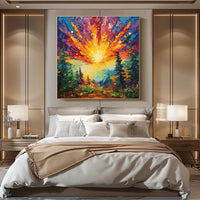 HKM-843795 Hand-Painted Oil Painting of Sun Rising in Deep Forest on Canvas - Modern Landscape Art for Home Decoration