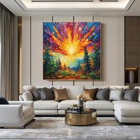 HKM-843795 Hand-Painted Oil Painting of Sun Rising in Deep Forest on Canvas - Modern Landscape Art for Home Decoration