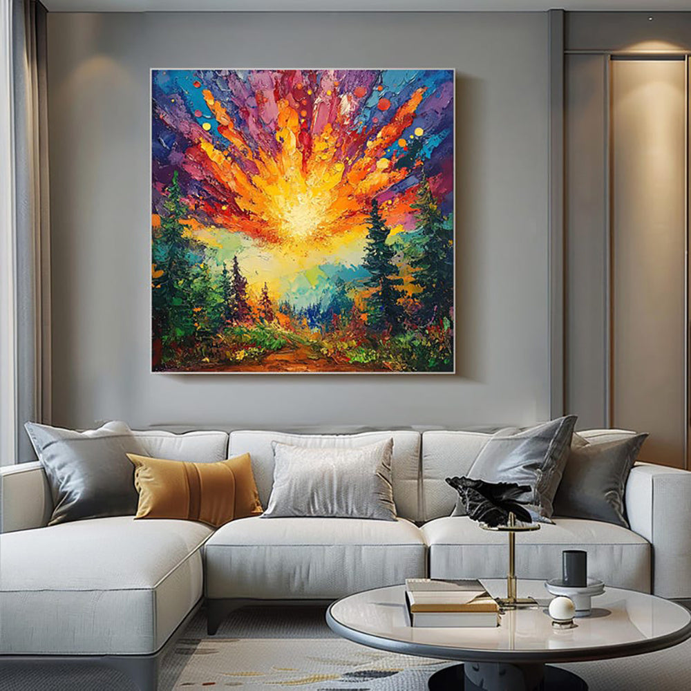 KTX-843795 Hand-Painted Oil Painting of Sun Rising in Deep Forest on Canvas - Modern Landscape Art for Home Decoration