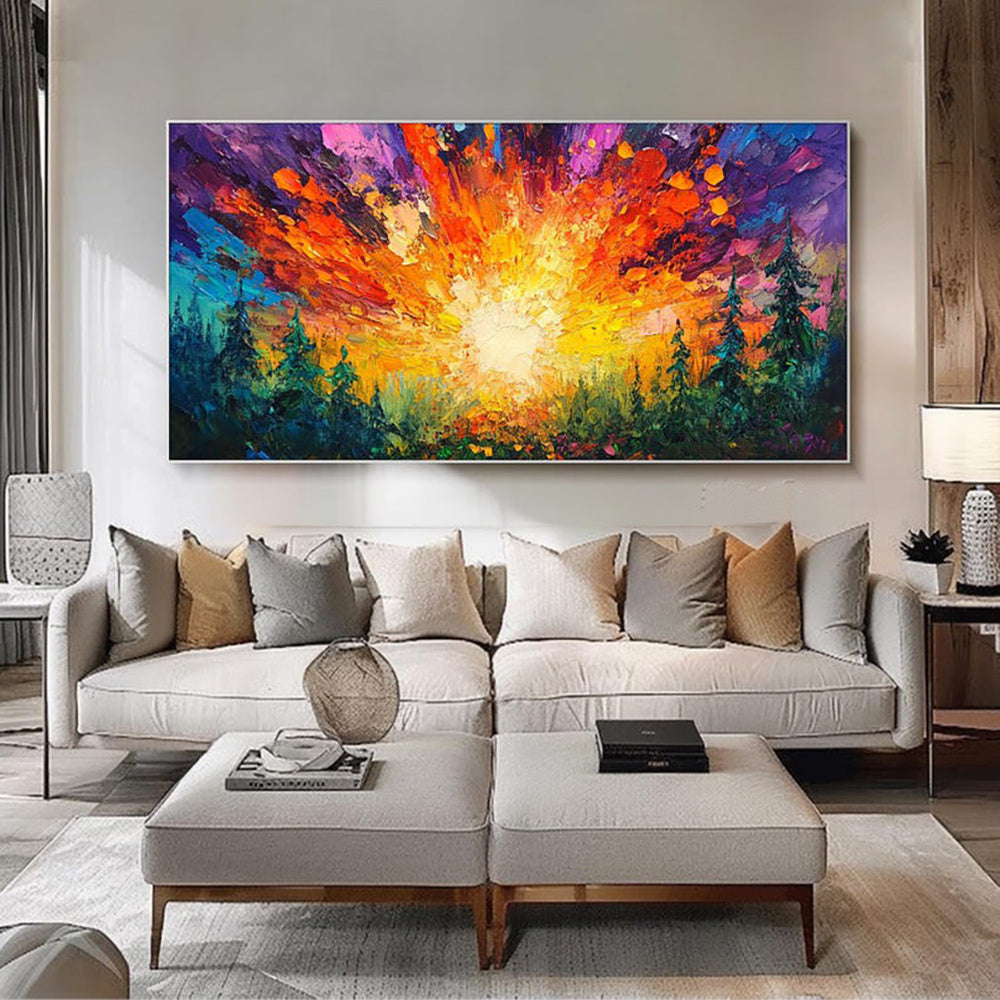 KTX-843795 Hand-Painted Oil Painting of Sun Rising in Deep Forest on Canvas - Modern Landscape Art for Home Decoration