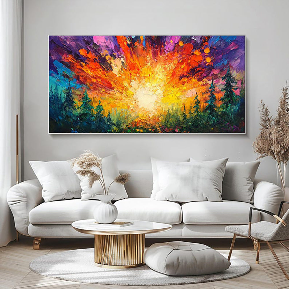 KTX-843795 Hand-Painted Oil Painting of Sun Rising in Deep Forest on Canvas - Modern Landscape Art for Home Decoration