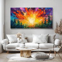 HKM-843795 Hand-Painted Oil Painting of Sun Rising in Deep Forest on Canvas - Modern Landscape Art for Home Decoration