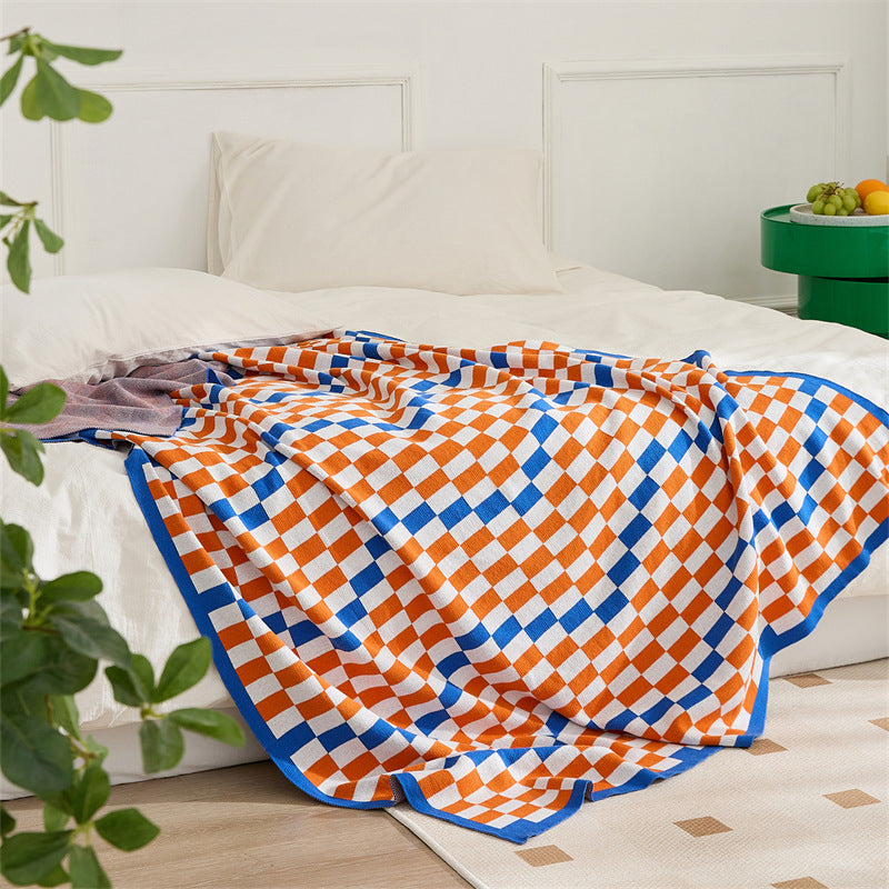 HKM-843859 Class A Cotton Chenille Checkerboard Blanket - All-Season, 130 x 160CM, Red/Orange/Blue