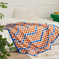 HKM-843859 Class A Cotton Chenille Checkerboard Blanket - All-Season, 130 x 160CM, Red/Orange/Blue