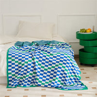 HKM-843859 Class A Cotton Chenille Checkerboard Blanket - All-Season, 130 x 160CM, Red/Orange/Blue