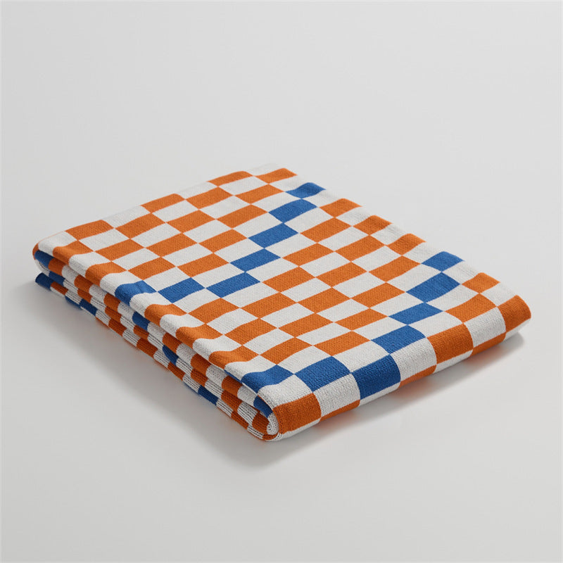 HKM-843859 Class A Cotton Chenille Checkerboard Blanket - All-Season, 130 x 160CM, Red/Orange/Blue