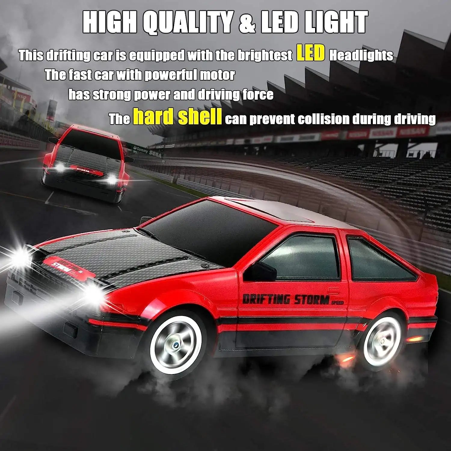 HKM-843859 High-Speed 2.4G 1/16 Scale Four Wheel Drive Remote Control Drift Car with LED Lights and Replaceable Tires