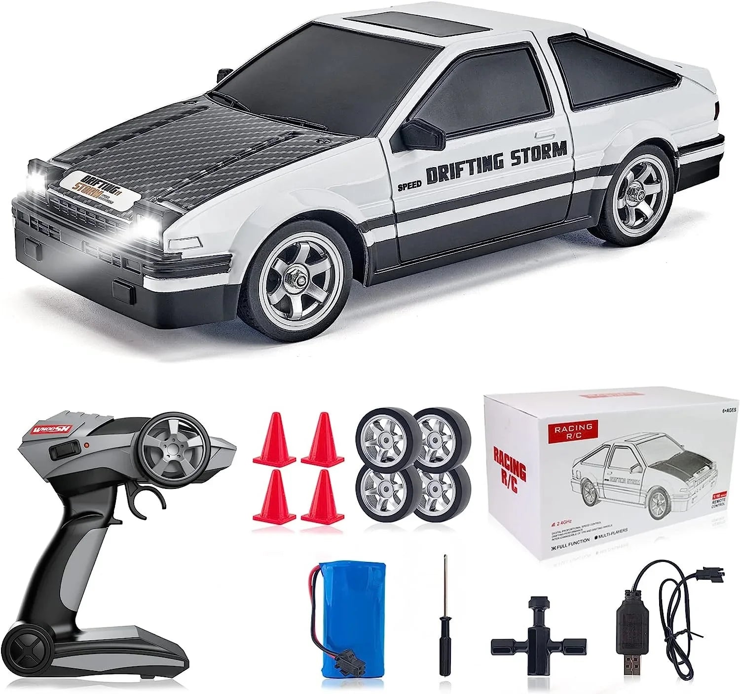 HKM-843859 High-Speed 2.4G 1/16 Scale Four Wheel Drive Remote Control Drift Car with LED Lights and Replaceable Tires