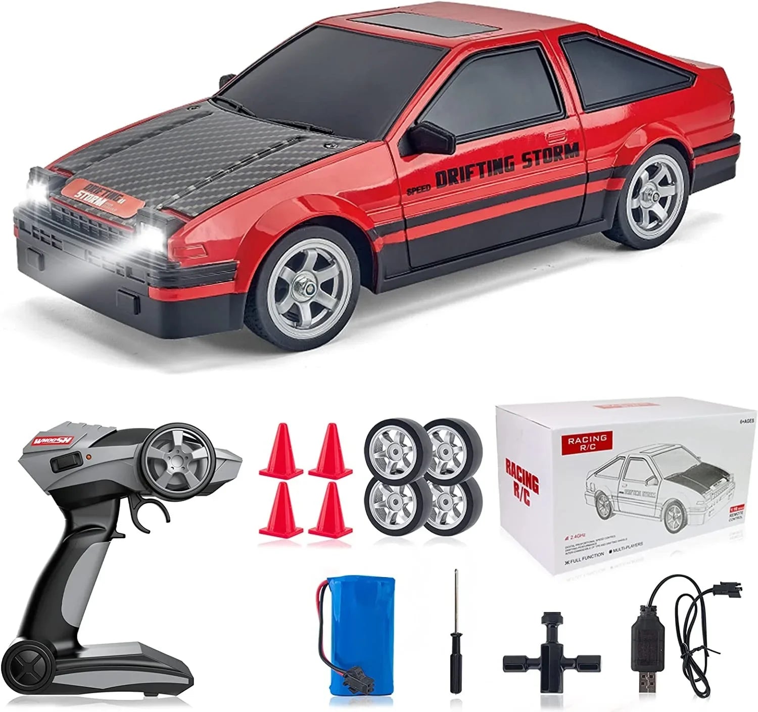 HKM-843859 High-Speed 2.4G 1/16 Scale Four Wheel Drive Remote Control Drift Car with LED Lights and Replaceable Tires