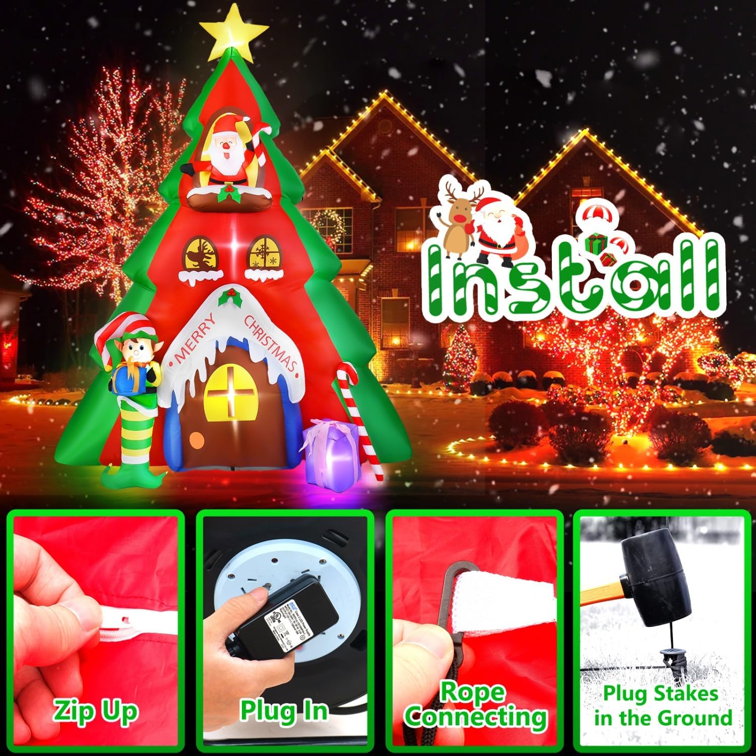 HKM-844051 10FT Inflatable Christmas Tree with Santa Claus for Indoor & Outdoor Holiday Decoration