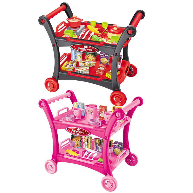 KTX-844115 Kids Pretend Play Dining Cart Toy Set with Tableware and Food Trolley for Ages 3+