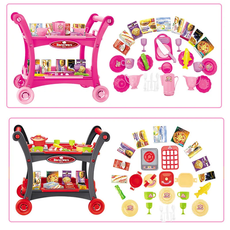 KTX-844115 Kids Pretend Play Dining Cart Toy Set with Tableware and Food Trolley for Ages 3+