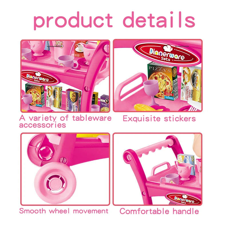 KTX-844115 Kids Pretend Play Dining Cart Toy Set with Tableware and Food Trolley for Ages 3+