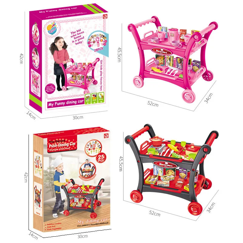 KTX-844115 Kids Pretend Play Dining Cart Toy Set with Tableware and Food Trolley for Ages 3+