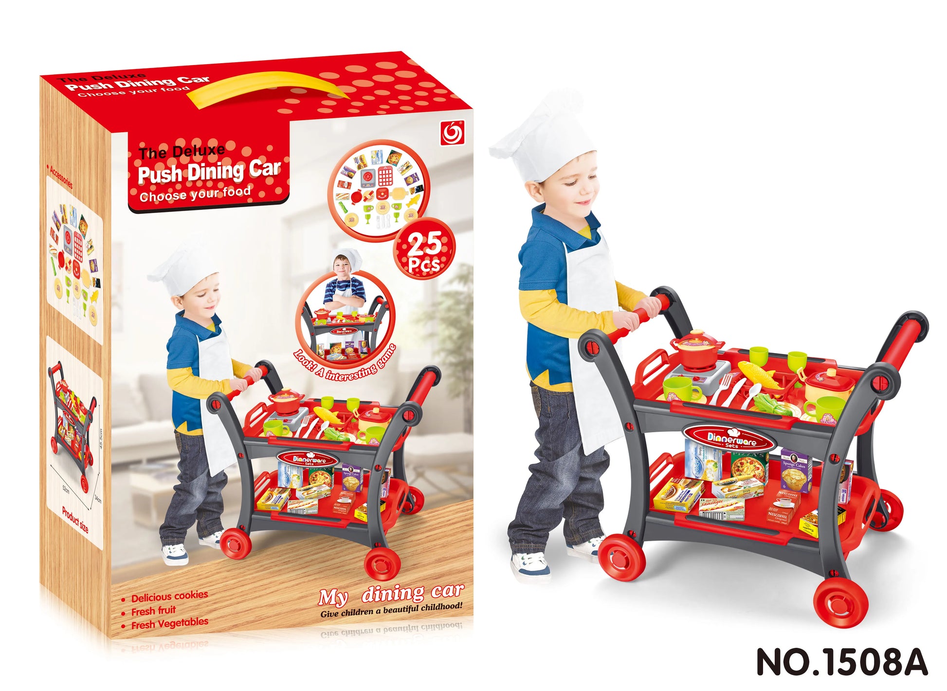 KTX-844115 Kids Pretend Play Dining Cart Toy Set with Tableware and Food Trolley for Ages 3+