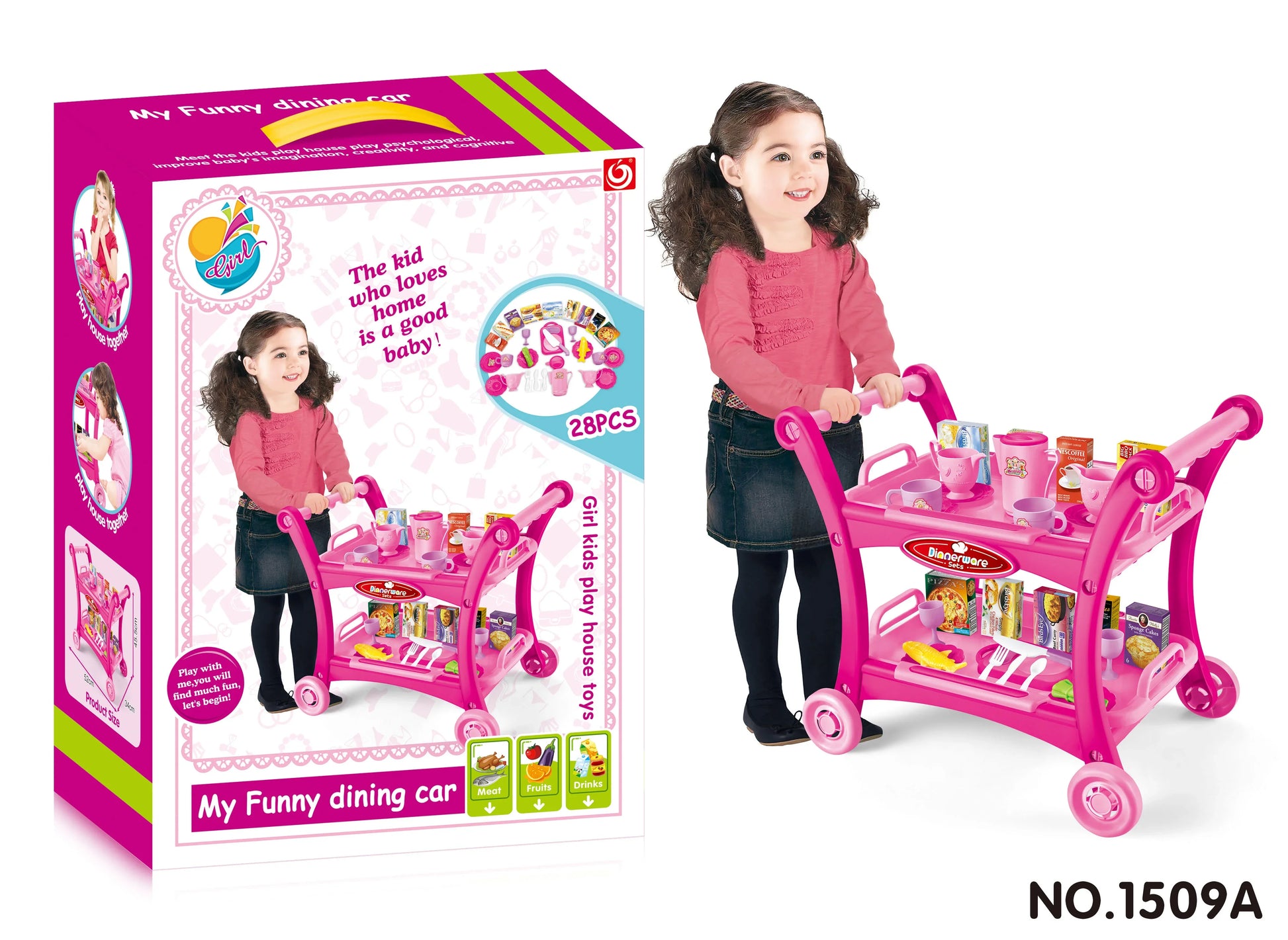 KTX-844115 Kids Pretend Play Dining Cart Toy Set with Tableware and Food Trolley for Ages 3+