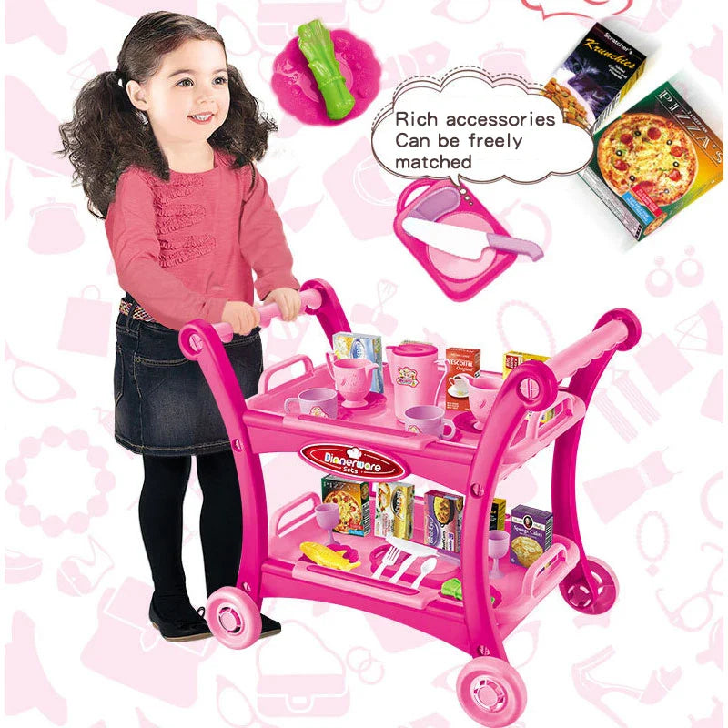 KTX-844115 Kids Pretend Play Dining Cart Toy Set with Tableware and Food Trolley for Ages 3+