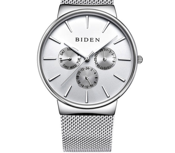 HKM-844371 Men's Ultra-Thin Business Watch with Mesh Strap and Calendar Display