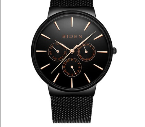 HKM-844371 Men's Ultra-Thin Business Watch with Mesh Strap and Calendar Display