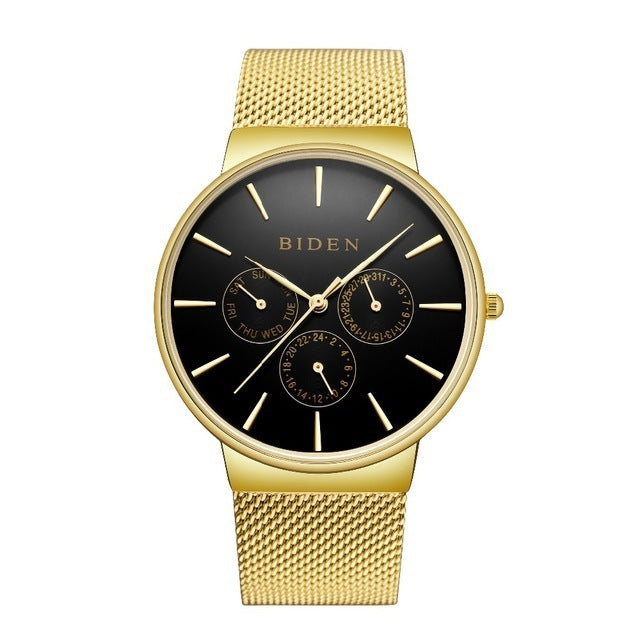 HKM-844371 Men's Ultra-Thin Business Watch with Mesh Strap and Calendar Display