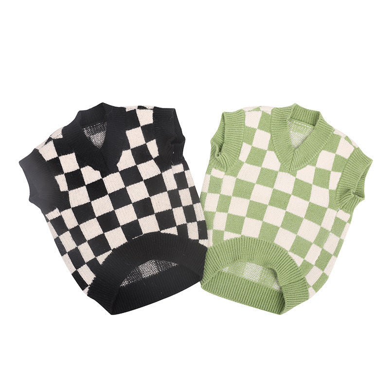 HKM-844435 Checkerboard Pattern Knitted Dog Sweater Vest for Autumn and Winter