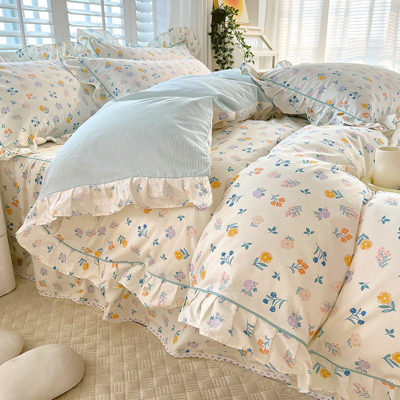 HKM-845331 Cotton Bedding Four-Piece Set with Quilt Cover, Bed Sheet, and Pillowcases in Korean Style