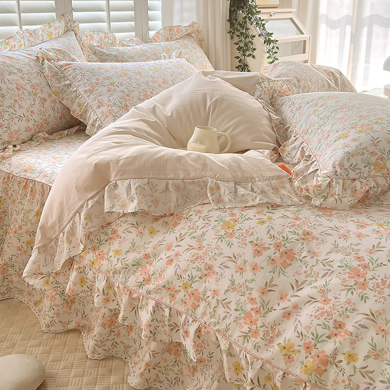 HKM-845331 Cotton Bedding Four-Piece Set with Quilt Cover, Bed Sheet, and Pillowcases in Korean Style