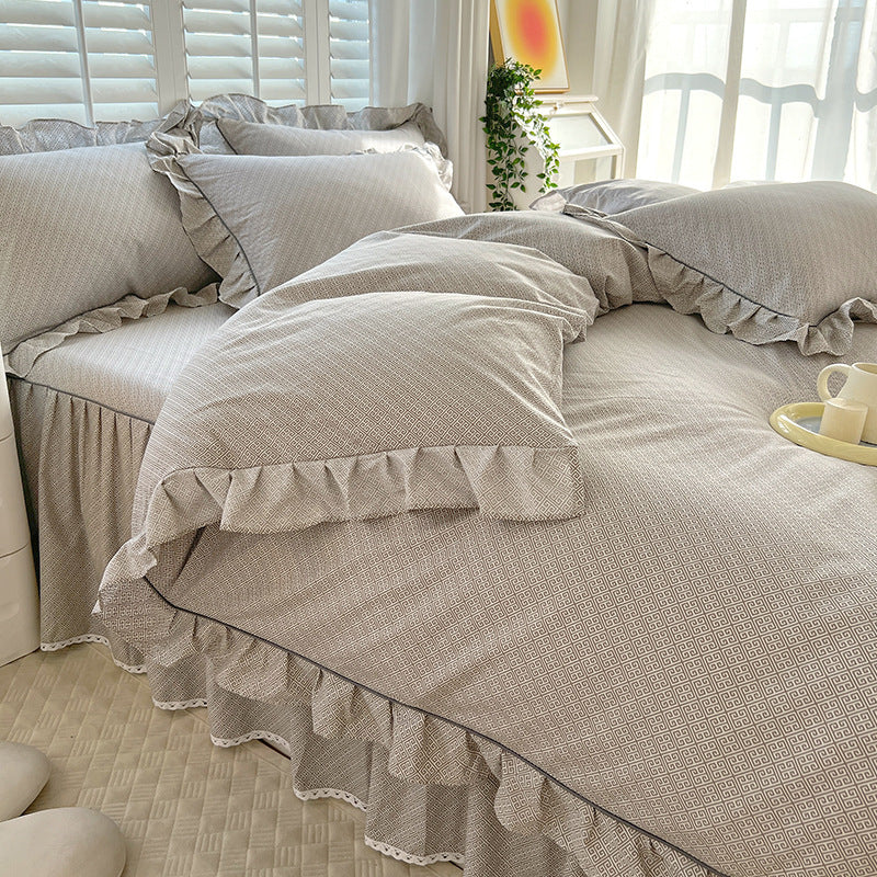 HKM-845331 Cotton Bedding Four-Piece Set with Quilt Cover, Bed Sheet, and Pillowcases in Korean Style