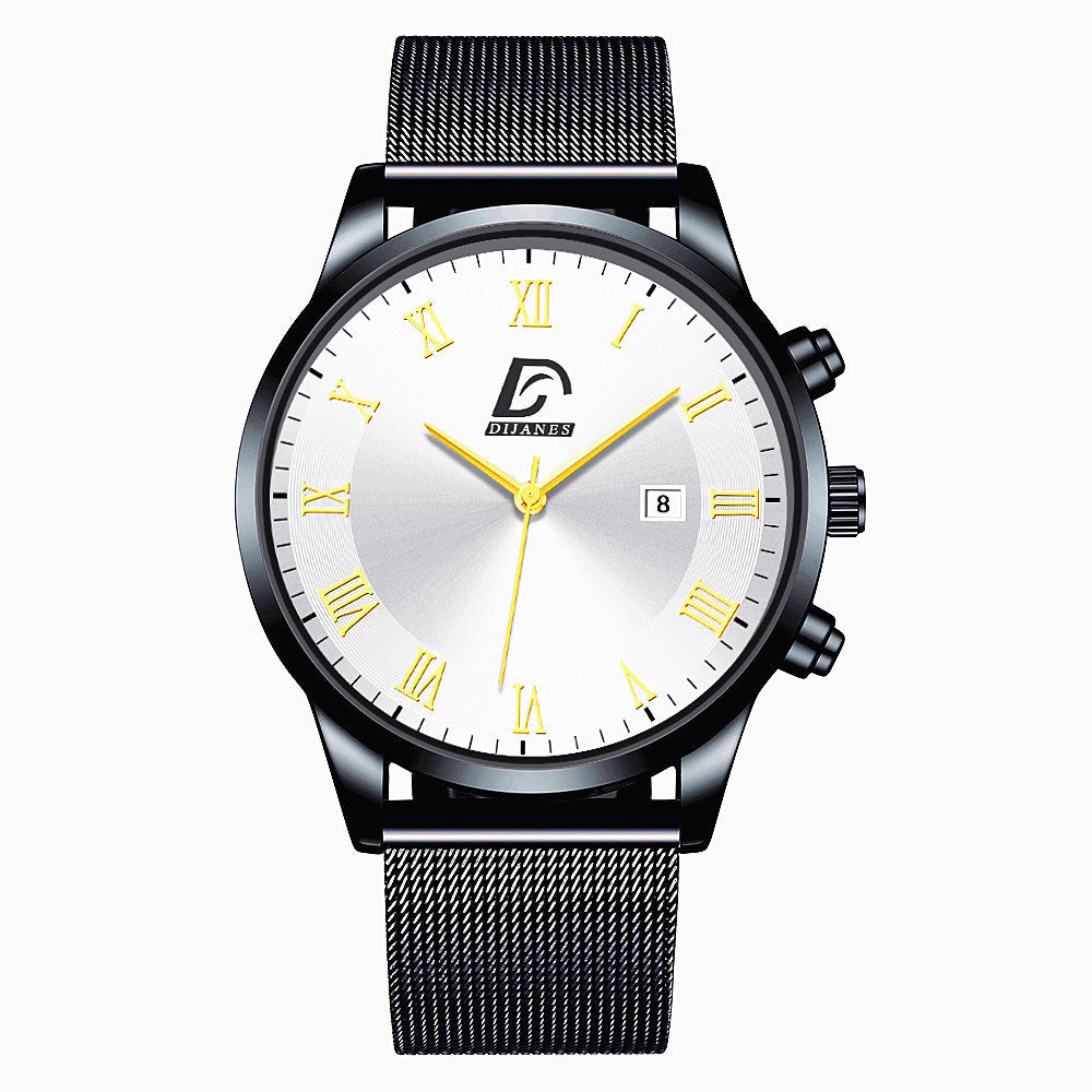 HKM-845523 Men's Fashion Mesh Belt Quartz Watch with Calendar Function, 40mm Round Dial, Stainless Steel Strap
