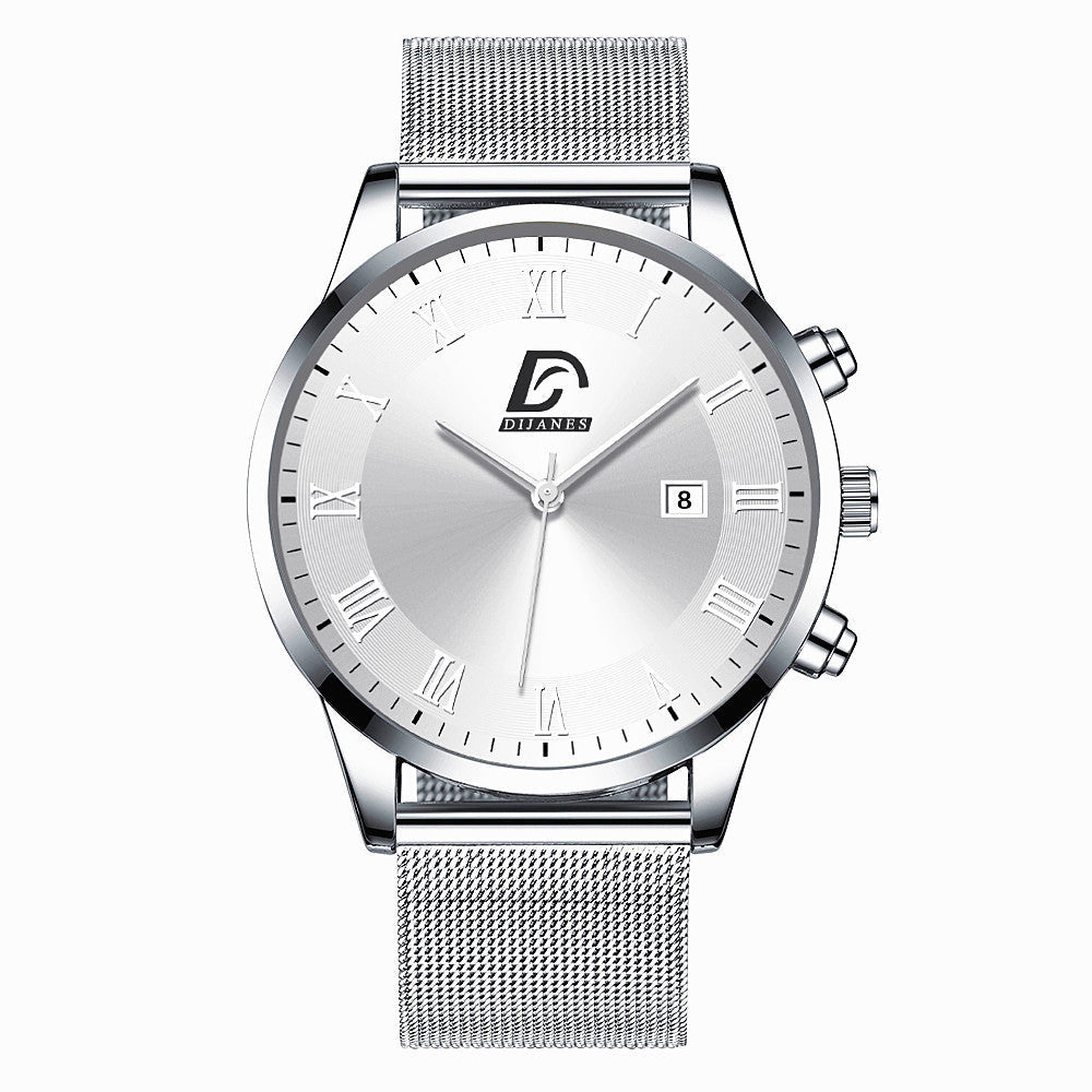 HKM-845523 Men's Fashion Mesh Belt Quartz Watch with Calendar Function, 40mm Round Dial, Stainless Steel Strap