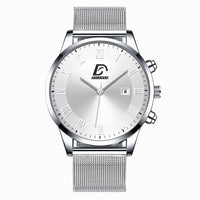 HKM-845523 Men's Fashion Mesh Belt Quartz Watch with Calendar Function, 40mm Round Dial, Stainless Steel Strap
