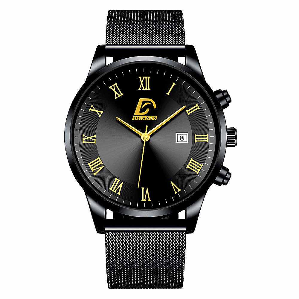 HKM-845523 Men's Fashion Mesh Belt Quartz Watch with Calendar Function, 40mm Round Dial, Stainless Steel Strap