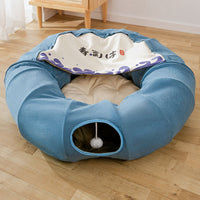 HKM-845843 Foldable Cat Tunnel Bed, Removable & Washable Canvas Design, Suitable for Cats Under 20kg, Matcha Green & Blue