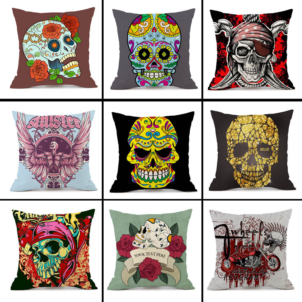 HKM-845843 Personalized Halloween Retro Skull Linen Throw Pillow Cover, 45x45cm