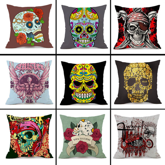 HKM-845843 Personalized Halloween Retro Skull Linen Throw Pillow Cover, 45x45cm