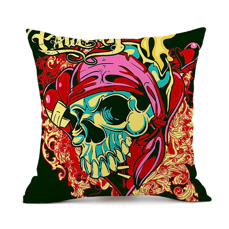 HKM-845843 Personalized Halloween Retro Skull Linen Throw Pillow Cover, 45x45cm